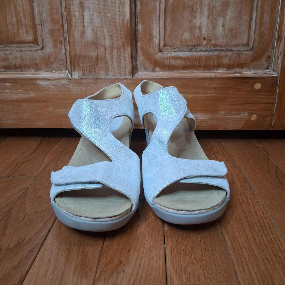 Bussola Noella Metal Washed Vapor Silver Leather Cork Wedge Sandals Size 42 11